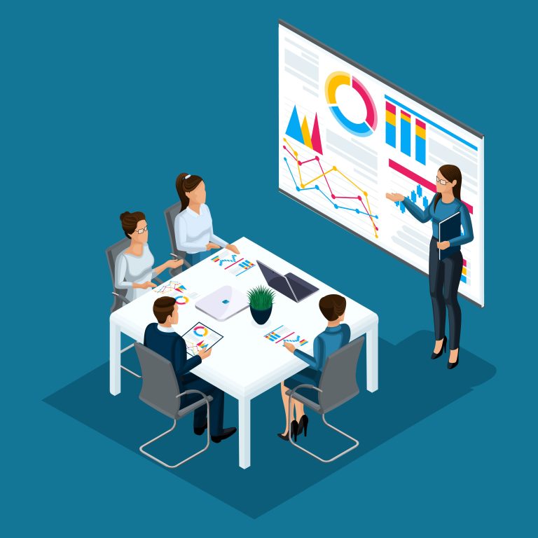 Isometric people person, 3d businessmen, girl coaching, business training, board with graphs, concept of counseling group of people, office work, High tech technology